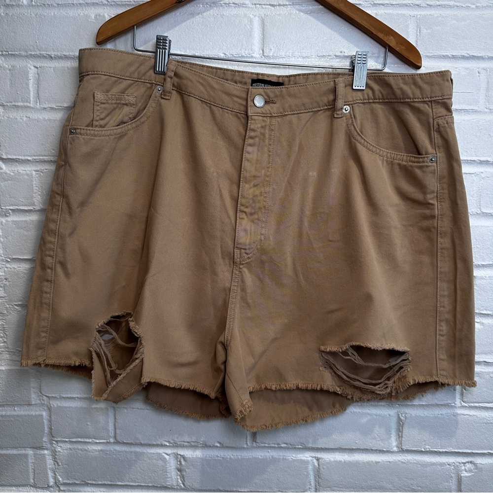 PRETTYLITTLETHING Ripped Denim Shorts Washed Stone Khaki Tan Size 16 NEW NWT